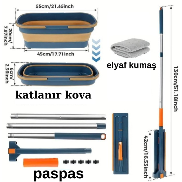 Katlanabilir Temizlik Mopu ve Tekerlekli Kova Seti